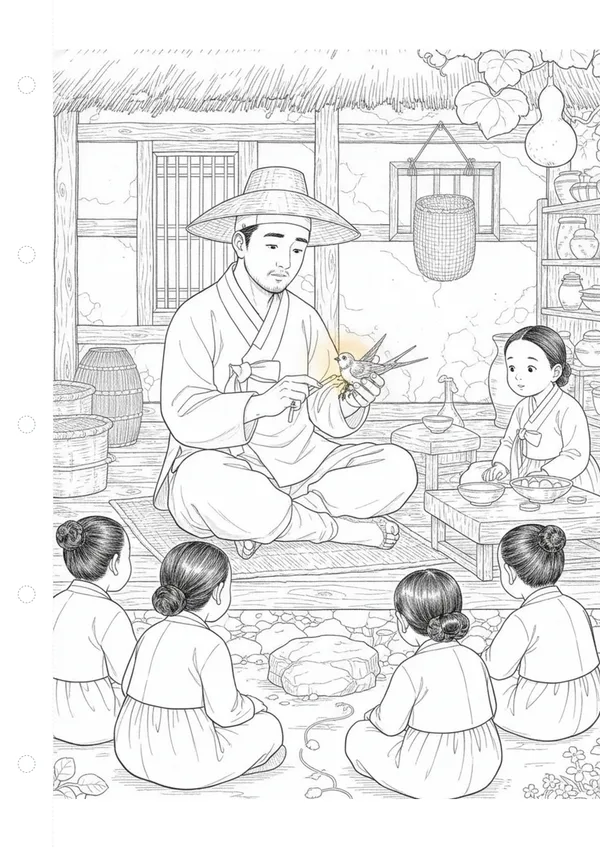 흥부와 놀부 2화: 제비 다리를 고쳐준 흥부 색칠공부 도안
