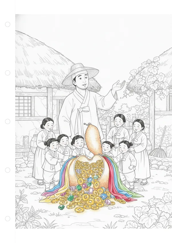 흥부와 놀부 4화: 박 속에서 쏟아지는 보물 색칠공부 도안