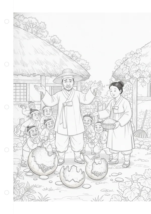 흥부와 놀부 5화: 욕심 많은 놀부의 벌과 흥부의 베품 색칠공부 도안