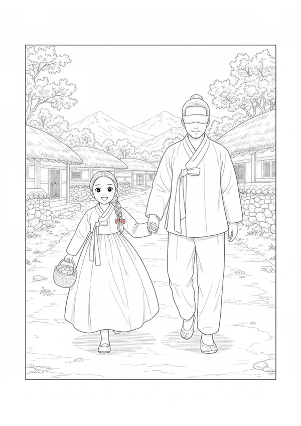 심청전 2화: 명랑한 어린 심청 색칠공부 도안